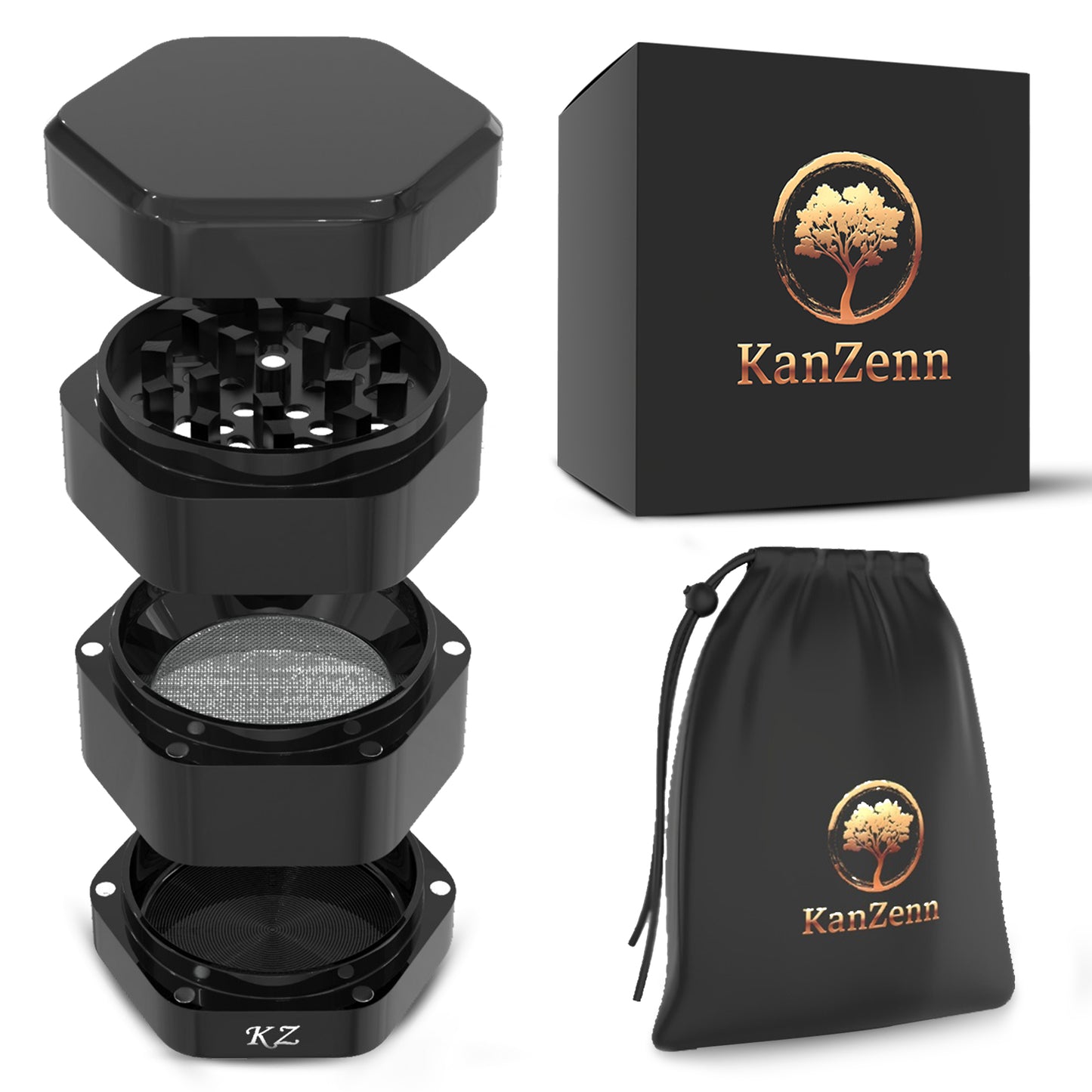 KanZenn 2.5-Inch Manual Spice Grinder - Durable Aluminum Alloy, Lightweight and Portable Hexagon Shape, Includes Cleaning Tool, Travel Bag & Gift Box, Black