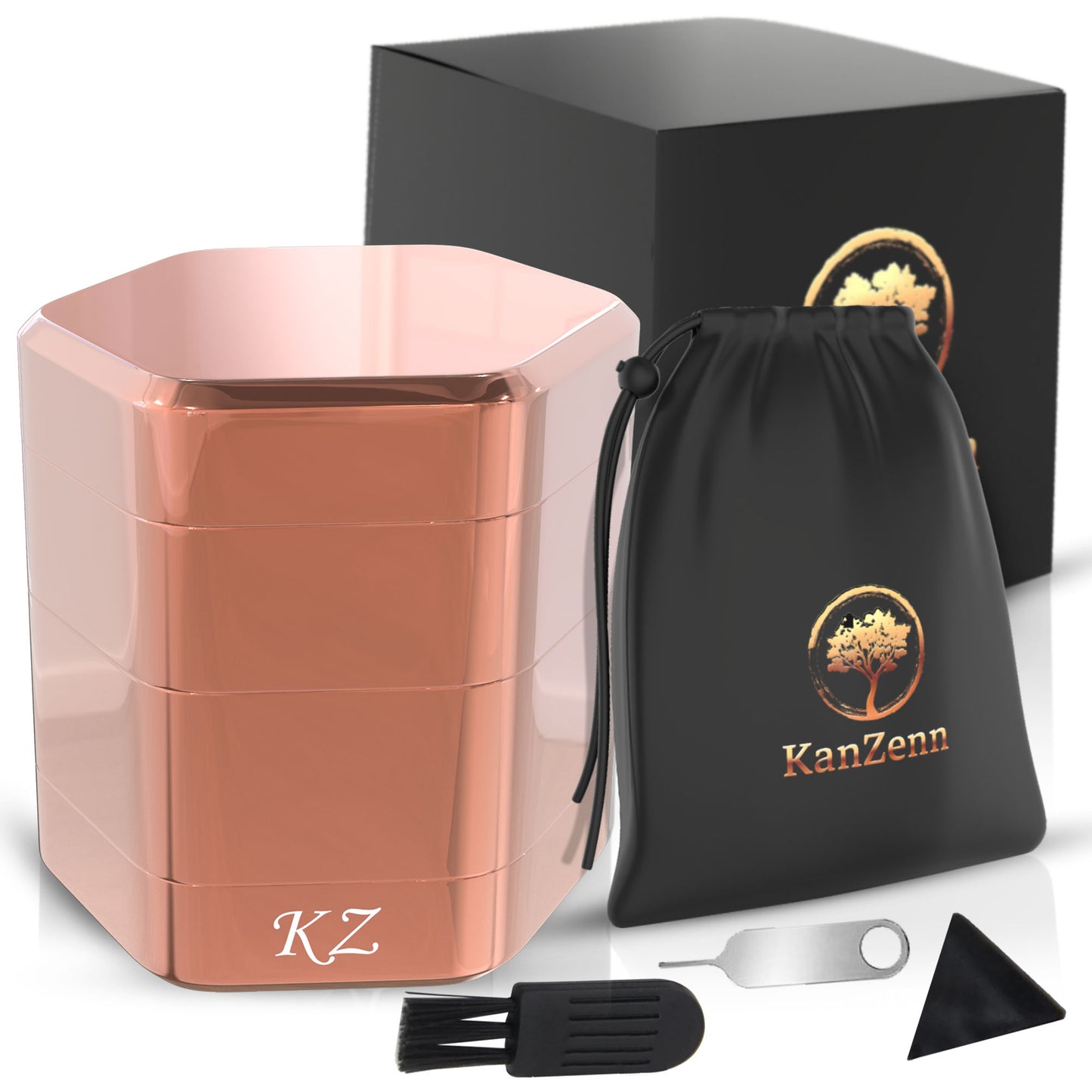 KanZenn Rose Gold. KanZenn 2.3- inch Manual Spice Grinder- Durable Aluminum Alloy Lightweight and Portable Hexagon Shape, Includes Cleaning Tool , Travel Bag & Gift Box